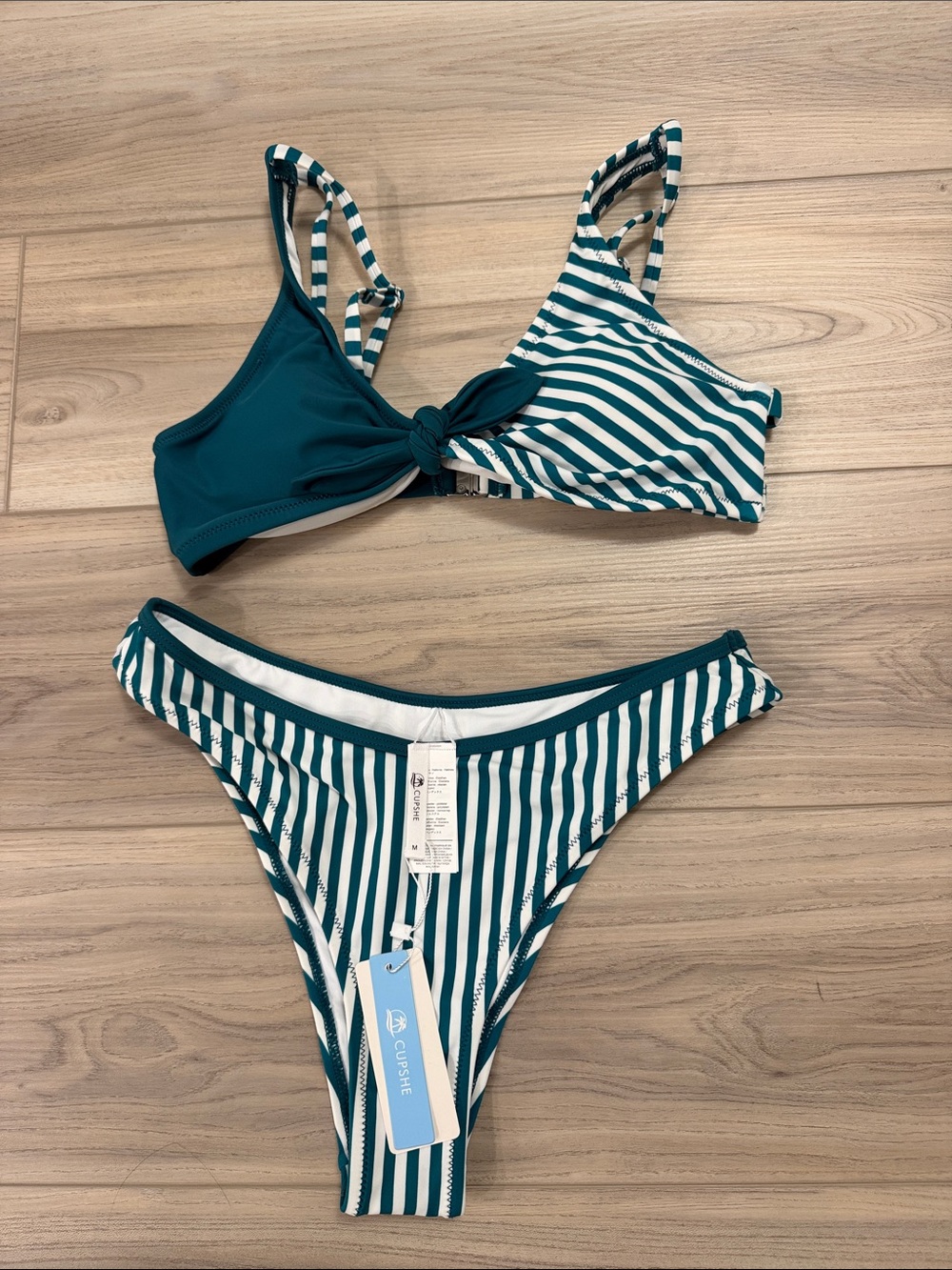 Cupshe Teal and White Striped Knot-Front Bikini Set